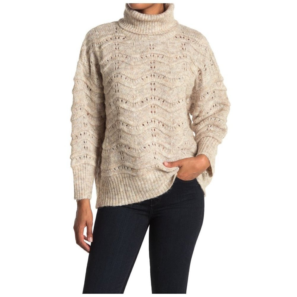 New FRNCH S/M Cable Knit Sweater Turtleneck Oatmeal Ribbed Cozy NWT